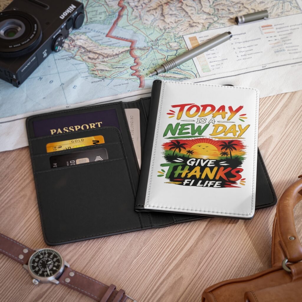 Passport Cover - "Today Is A New Day, Give Thanks Fi Life" Tropical Sunset Travel Passport Holder