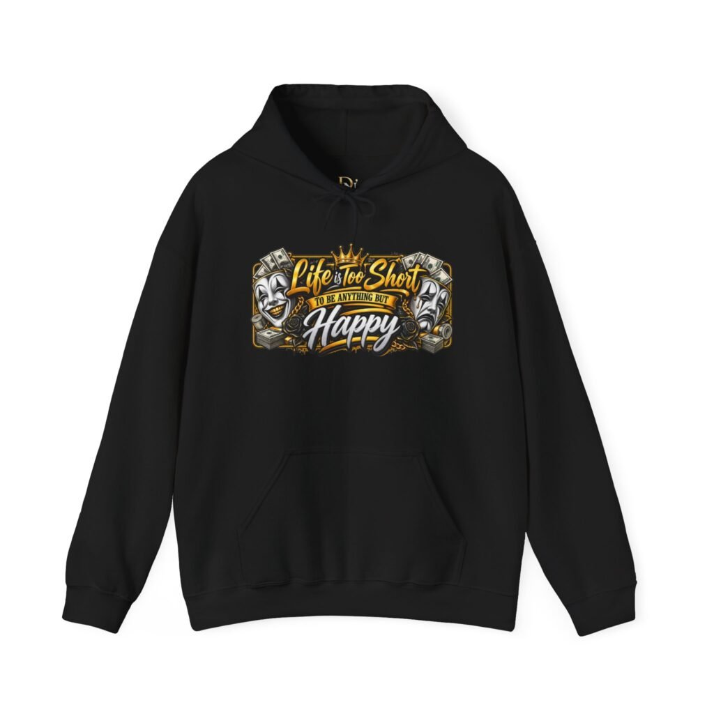 Hoodie — “Life’s Too Short, Be Happy” Vintage Comedy/Tragedy Mask Graphic Hoodie